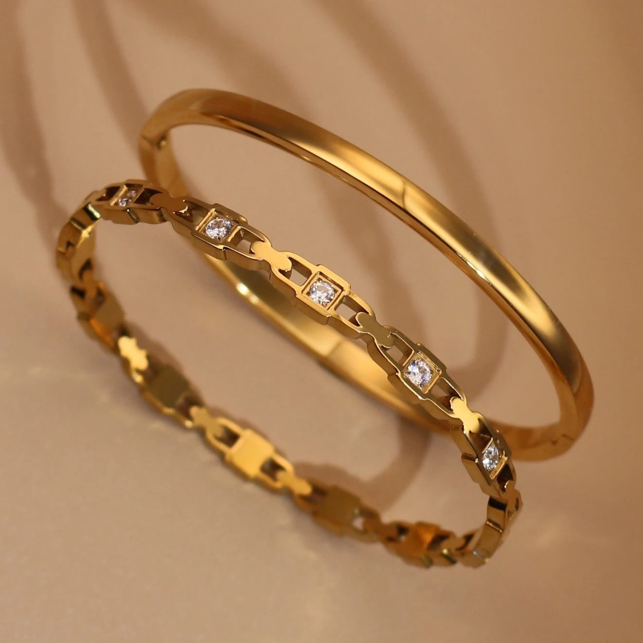2-in-1 Geometric Zircon Design 18K Gold Plated Stainless Steel Bracelet Bangle