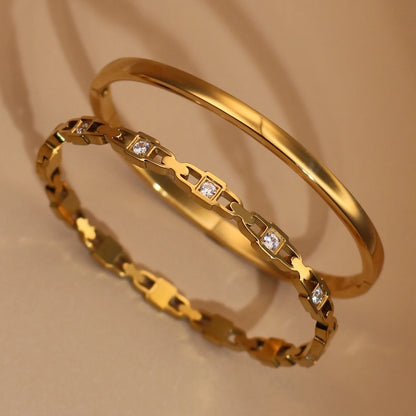 2-in-1 Geometric Zircon Design 18K Gold Plated Stainless Steel Bracelet Bangle