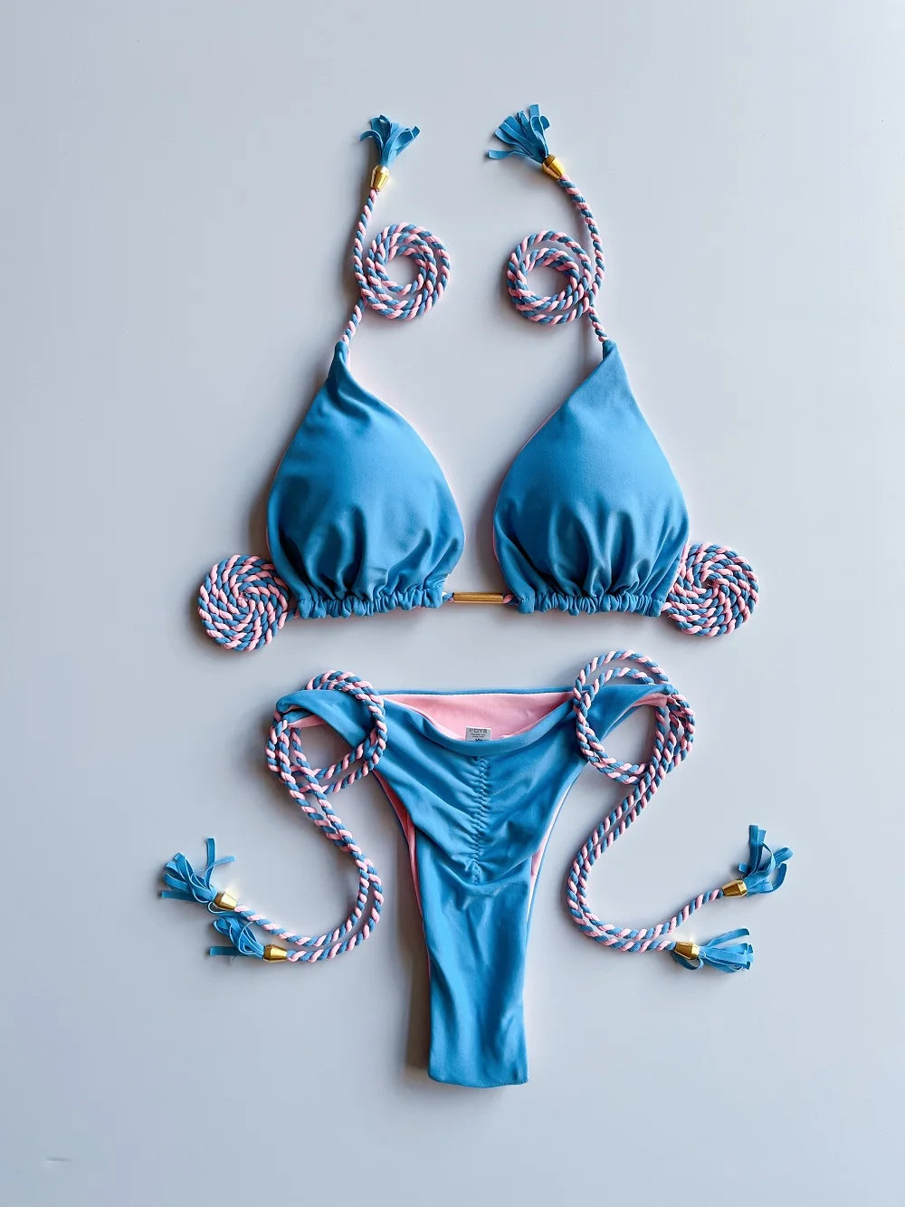 Sexy Solid color Two-piece Triangle Swimsuit Braiding Rope Bikini Beach Bathing Brazilian Suit