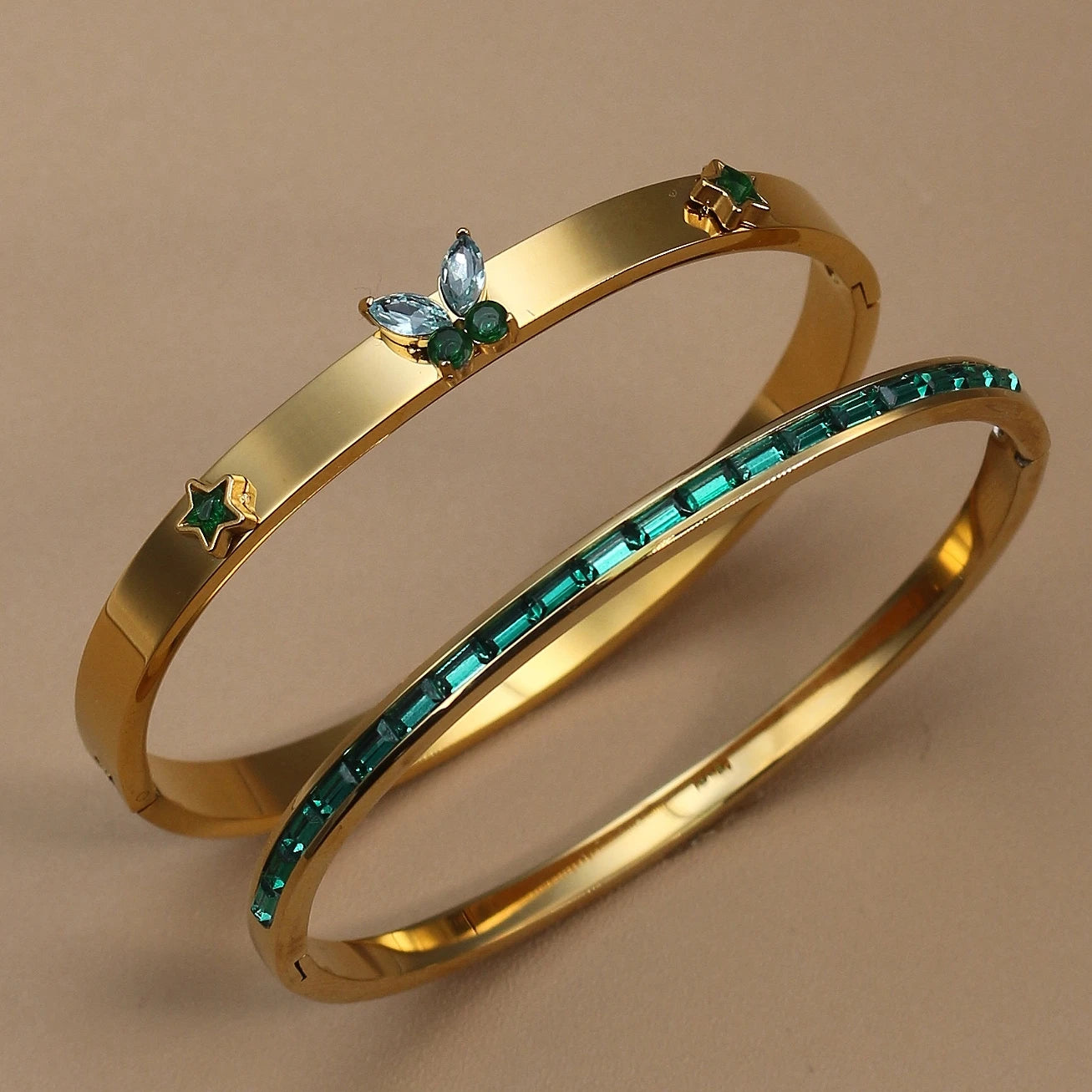 Women's Stainless Steel Green Crystal Gold Color Bracelet Bangle