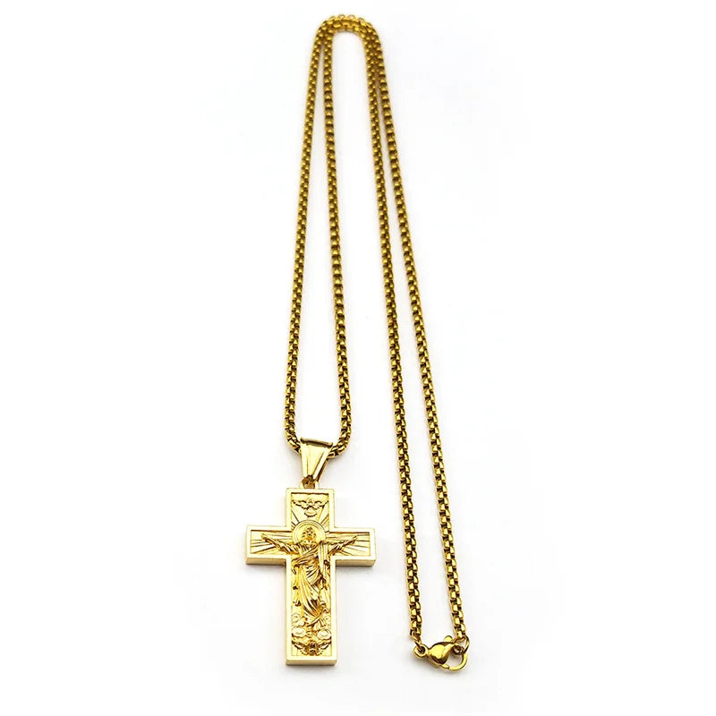 Women Men Gold Color Chain Religious Crucifix Amulet Stainless Steel Cross Jesus Pendant Necklace