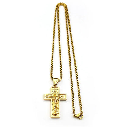 Women Men Gold Color Chain Religious Crucifix Amulet Stainless Steel Cross Jesus Pendant Necklace
