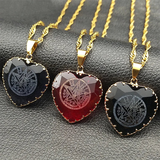 Men Women Stainless Steel Gold Color Jewish Tetragrammaton Hebrew Pentagram Heart Shaped Glass Necklace