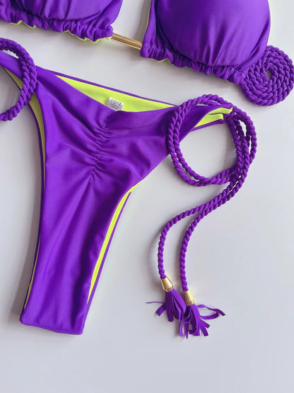 Sexy Solid color Braiding Rope Bikini Swimsuit Two-piece Triangle Swimwear Bathing Brazilian Suits