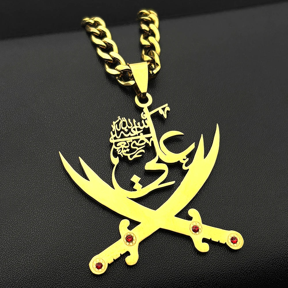 Men Women Stainless Steel Arabic Rhinestones Imam Ali Sword Muslim Islam Chain Pendant Necklace