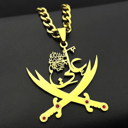 Men Women Stainless Steel Arabic Rhinestones Imam Ali Sword Muslim Islam Chain Pendant Necklace