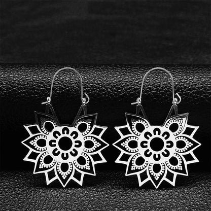 Women Yoga Lotus Flower Stainless Steel Gold Color Hoop Earrings