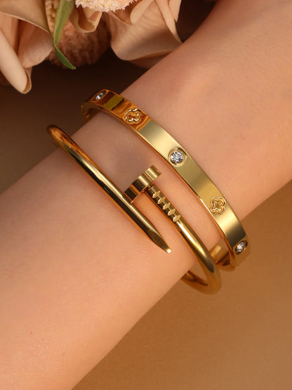 Women Heart Shaped Zircon Stainless Steel Gold Color 2-in-1 Bangles Bracelet Jewelry