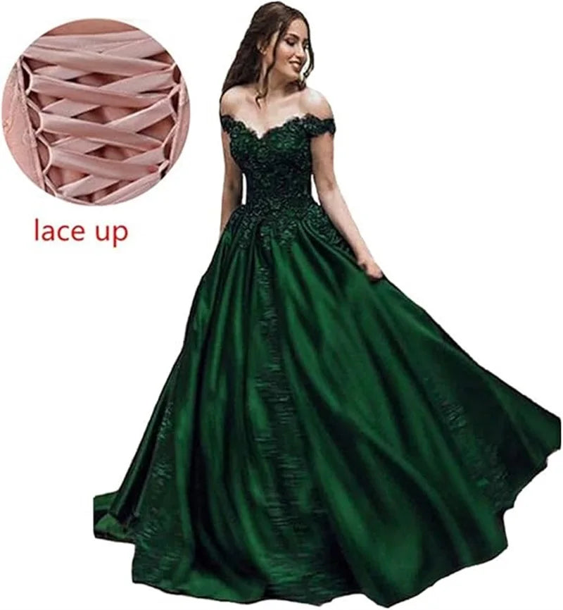 Women A-Line Long Off The Shoulder Satin Formal Gowns Sequin Lace Appliques Corset Prom Evening Dress w/ Pockets