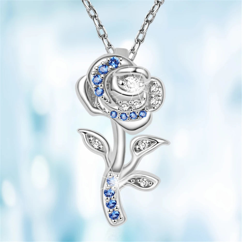 Luxury Romantic Design Blue White Rose Zircon Pendant Necklace