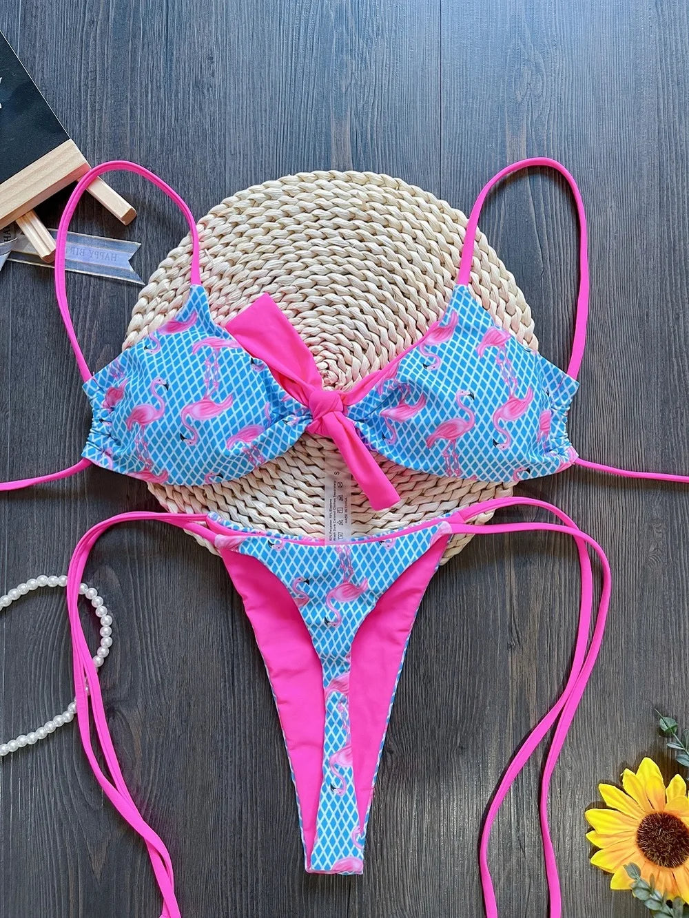 Women Two-Piece Push up Grid Flamingo Print Swimsuit Thongs Bikini Bathing Suit