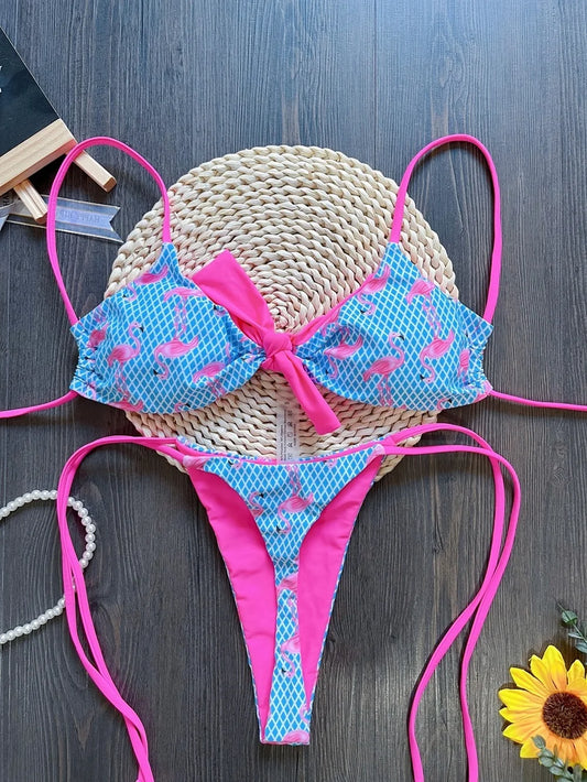Women Two-Piece Push up Grid Flamingo Print Swimsuit Thongs Bikini Bathing Suit