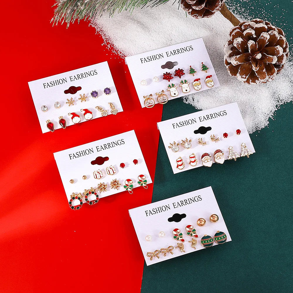 6 pairs/lot Kids Women Christmas Xmas Tree Elk Snowman Santa Claus Cute Stud Earrings Sets