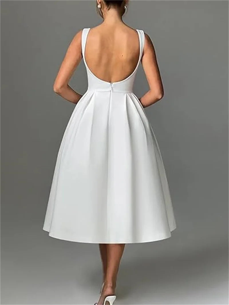 Simple Elegant O-Neck Satin Midi Prom Tea Length Backless A Line Formal Evening Party Bridal Dress w/ Pockets