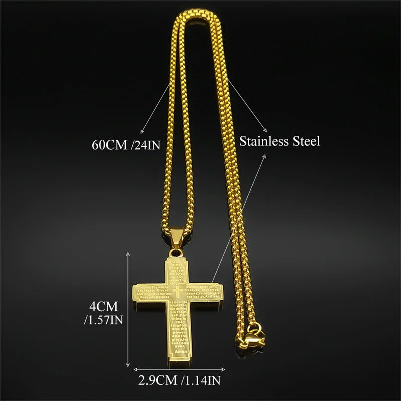 Women Men Stainless Steel Gold Color Religion Prayer Catholic Scriptures Cross Bible Pendant Necklace
