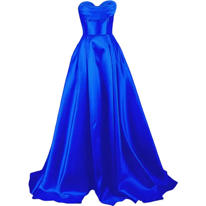 Sweetheart Strapless Pleat Satin Prom Women Long A Line Corset Formal Evening Party Dress w/ Pockets
