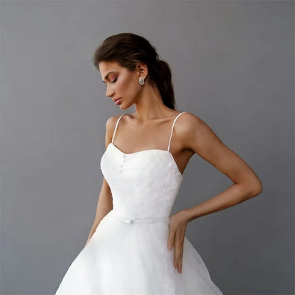 Simple Boho A-line Lace Tulle Spaghetti Strap Elegant Bride Long Bridal Wedding Dress