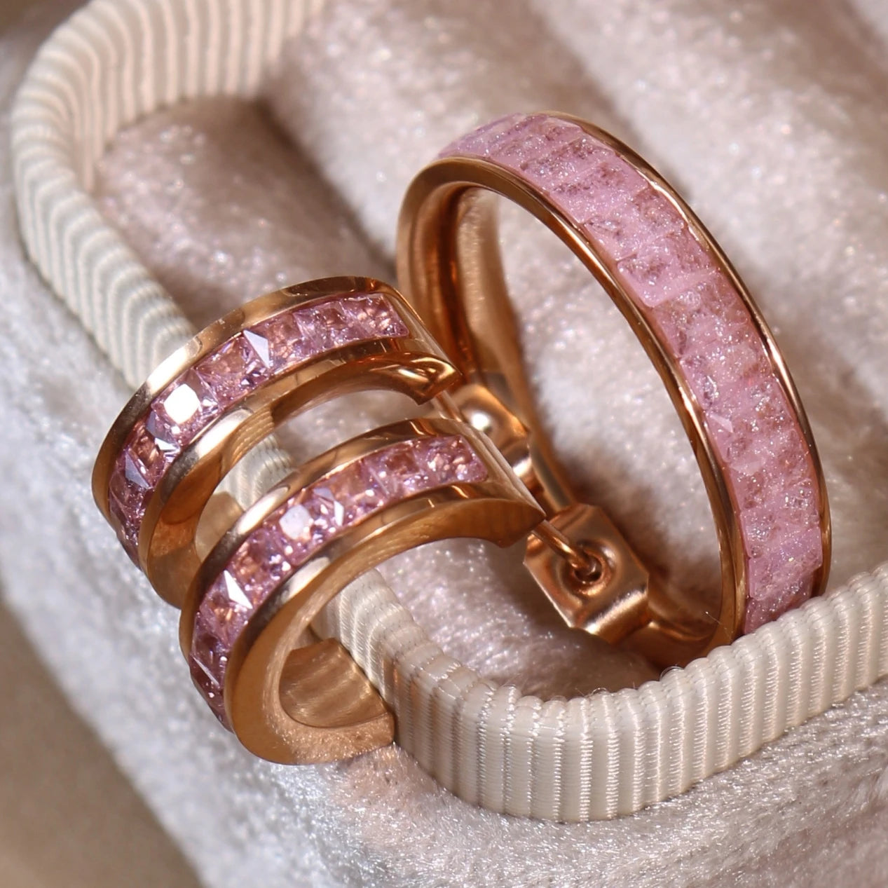 2-In-1 Women Rose Gold-Plated Stainless Steel Crystal Earrings Ring Jewelry Set