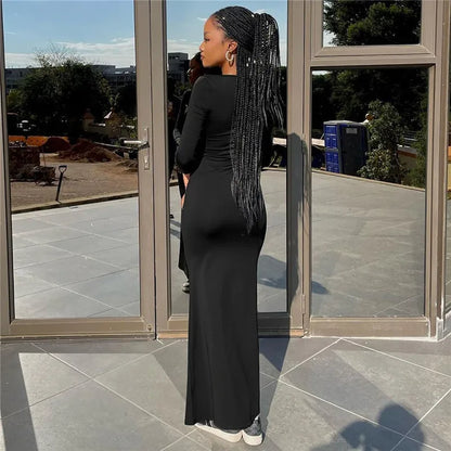 Women Square Collar Long Sleeve Long Gown Fashion Elegant Solid Bodycon Maxi Dress