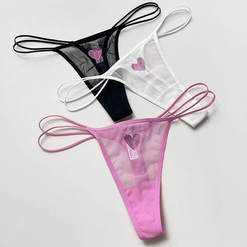 Women Lace Mesh Transparent Rhinestones Heart G-String T-Back Briefs Thong Panties Underwear