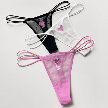 Women Lace Mesh Transparent Rhinestones Heart G-String T-Back Briefs Thong Panties Underwear