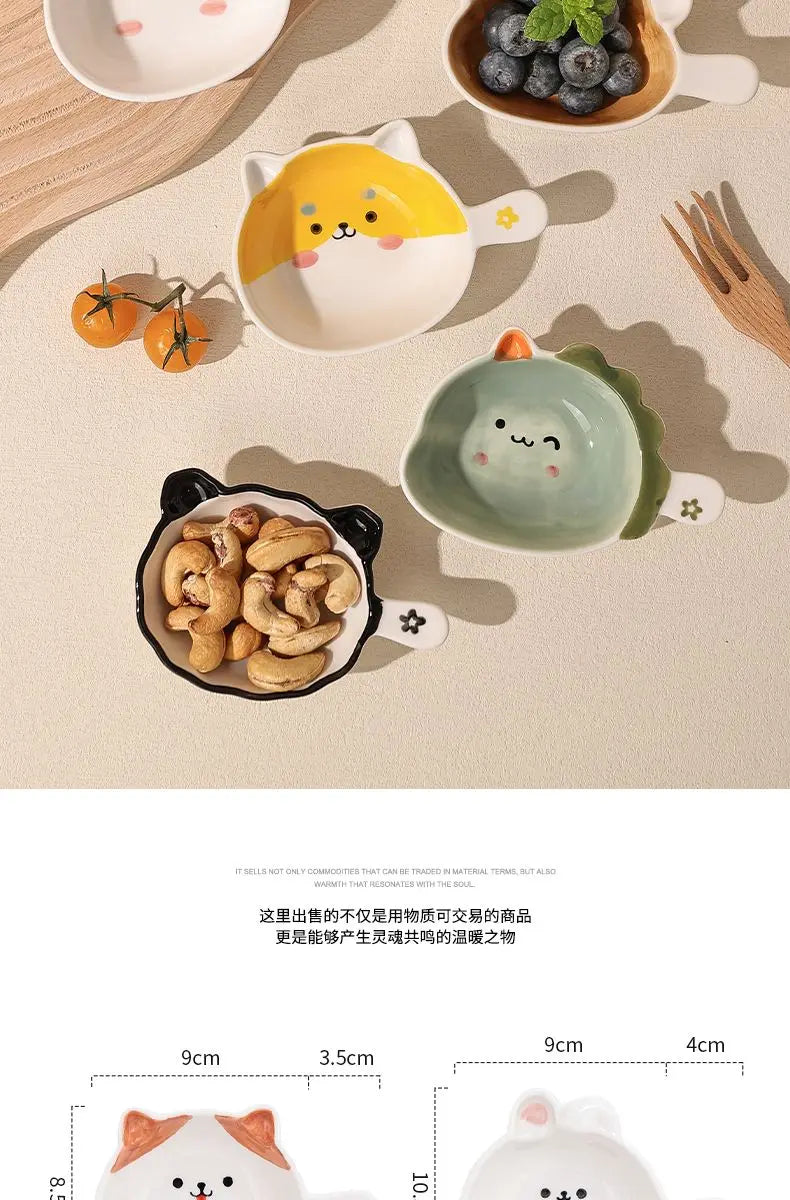 Ceramics Snack Cartoon Animals Saucer Dipping Sauce Dish Handle Dinner Plate Pot