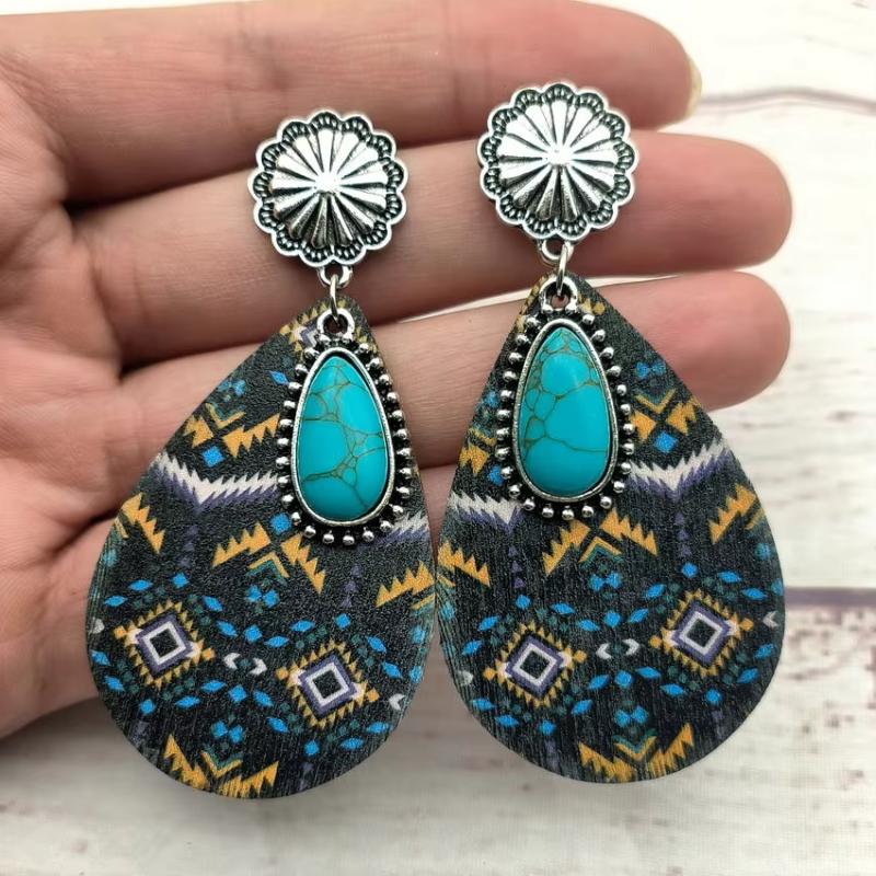 Women Turquoise Teardrop Wooden Aztec Teardrop Earrings