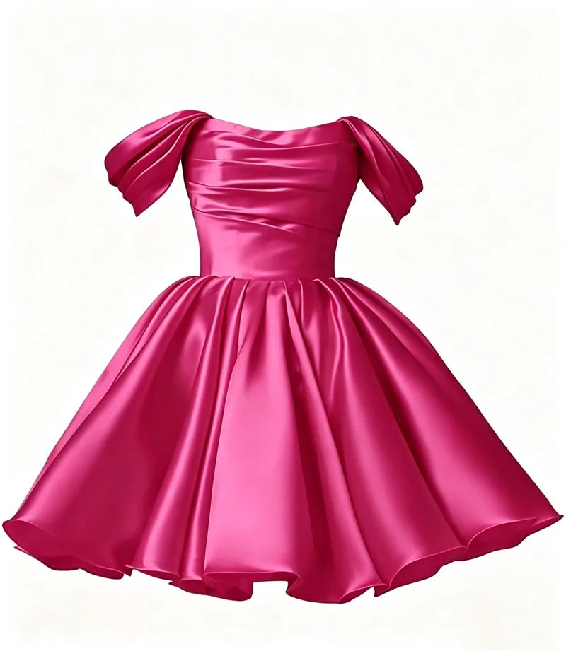 Women Off The Shoulder Satin Homecoming A Line Short Pleated Strapless Prom Evening Dress w/ Pockets