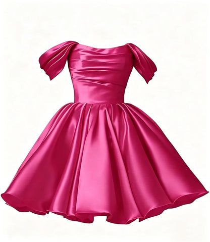 Women Off The Shoulder Satin Homecoming A Line Short Pleated Strapless Prom Evening Dress w/ Pockets