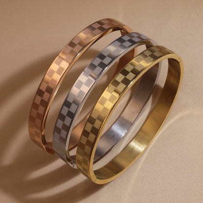 Luxury Polished Checkered Design Stainless Steel Crystal Wedding Party Bangle Bracelet