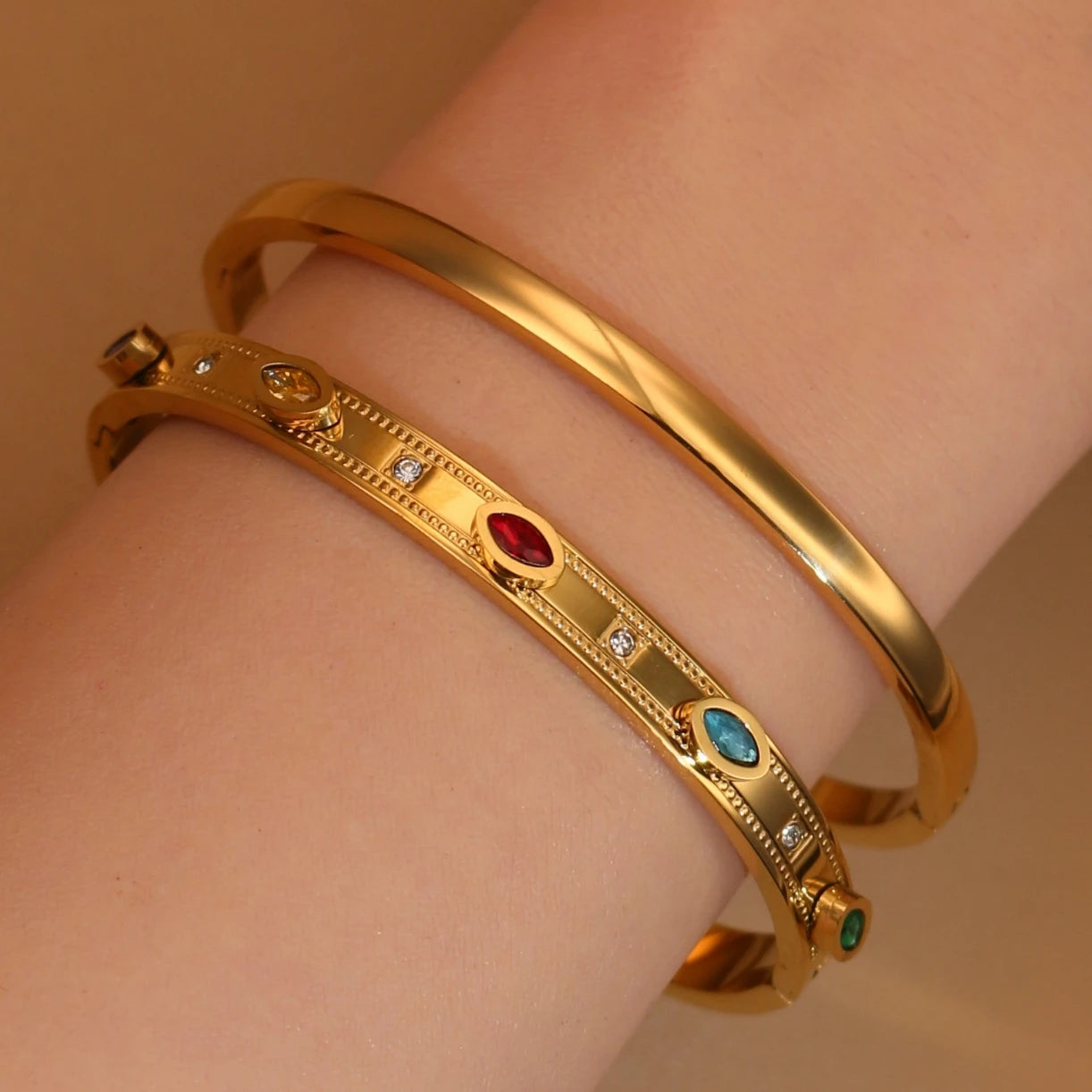 2-in-1 Women 18 K Gold Plated Zircon Stainless Steel Curved Bracelet Gift Bangle