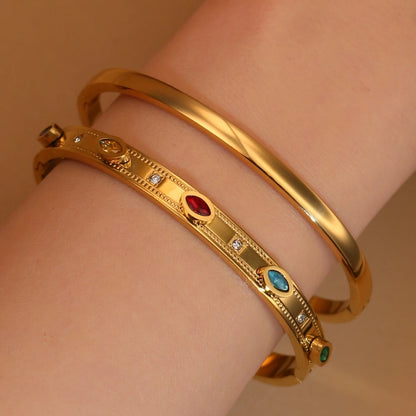 2-in-1 Women 18 K Gold Plated Zircon Stainless Steel Curved Bracelet Gift Bangle