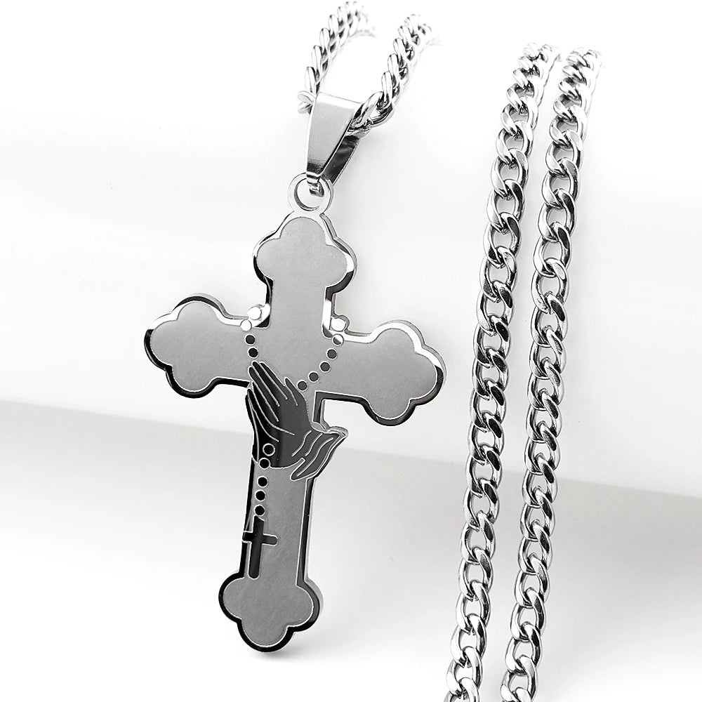 Women Men Gold Catholic Faith Rosary Jesus Cross Praying Hand Stainless Steel Box Chain Pendant Necklace