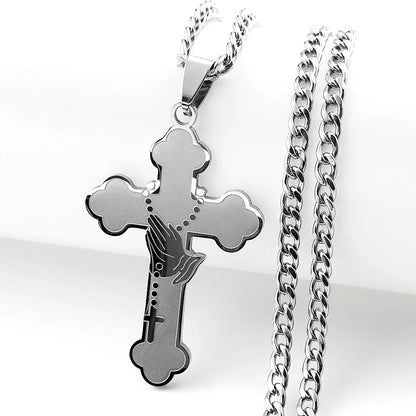Women Men Gold Catholic Faith Rosary Jesus Cross Praying Hand Stainless Steel Box Chain Pendant Necklace