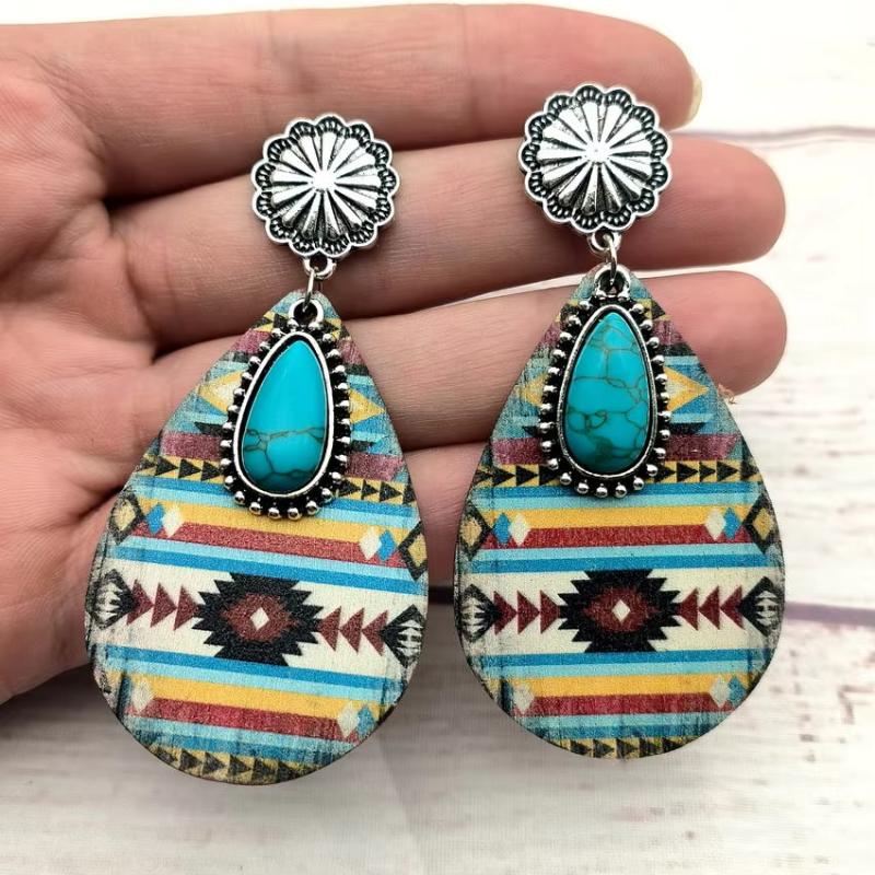 Women Turquoise Teardrop Wooden Aztec Teardrop Earrings