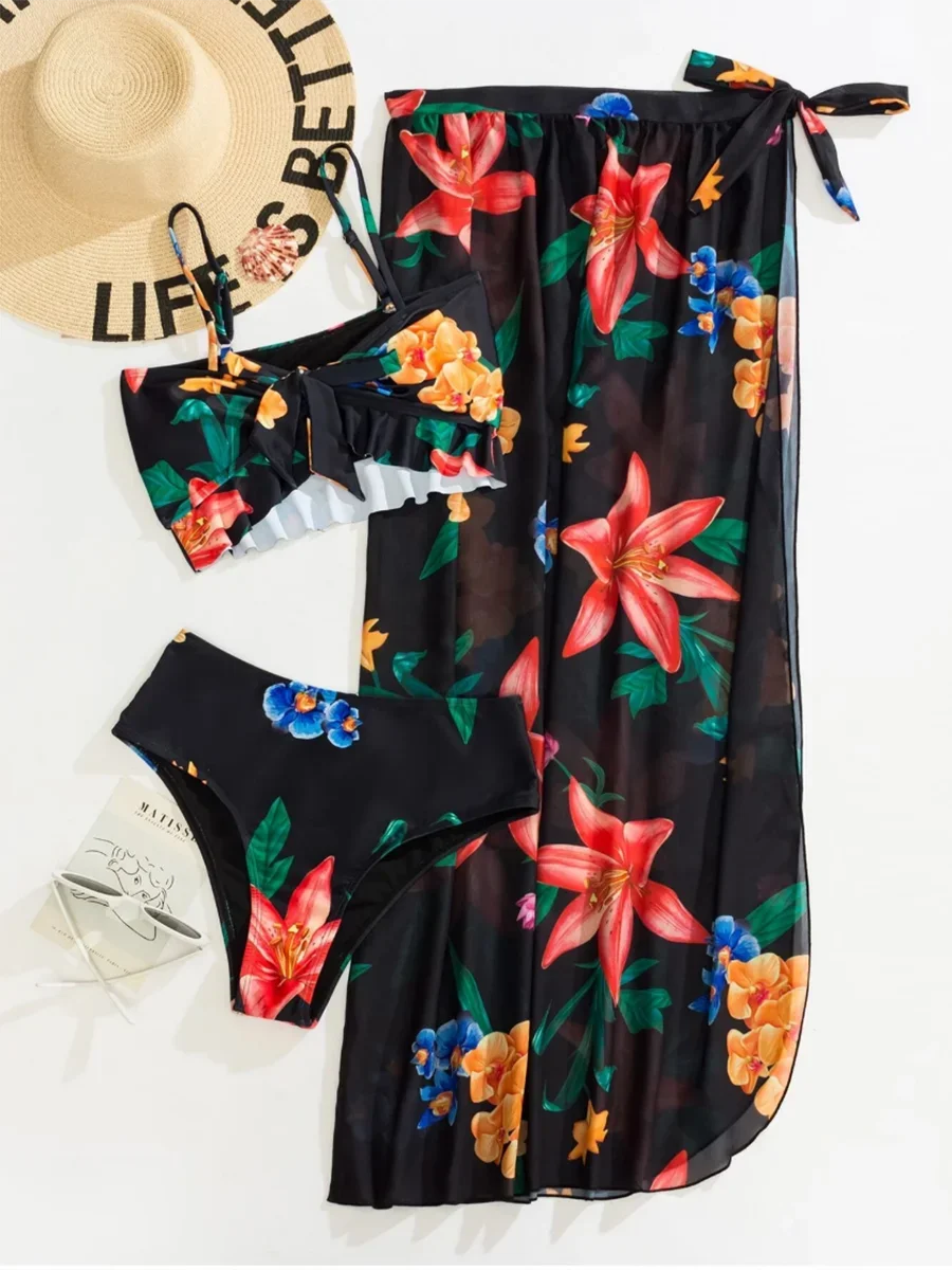 3pcs Women Ruffle High Waist Swimsuit Beach Skirt Floral Print Knot Front Bikinis Swimwear Suit