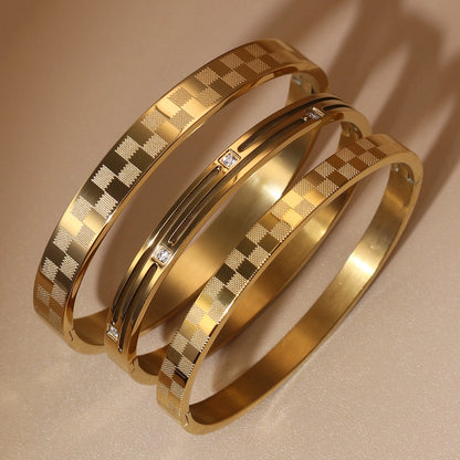 Luxury Polished Checkered Design Stainless Steel Crystal Wedding Party Bangle Bracelet