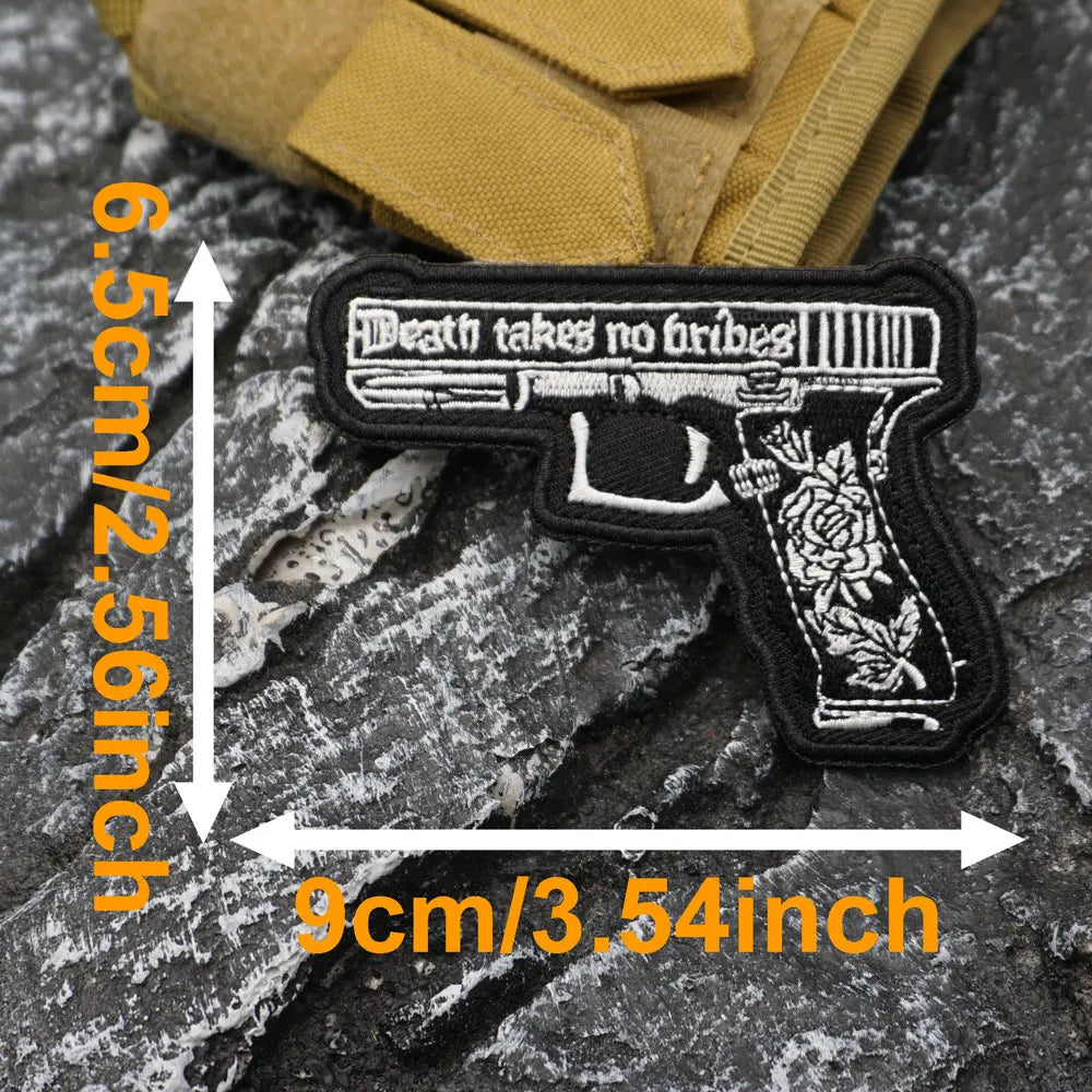 Death Takes No Bribes pistol Embroidered Patch Iron-On Sewing Clothes Patches Applique