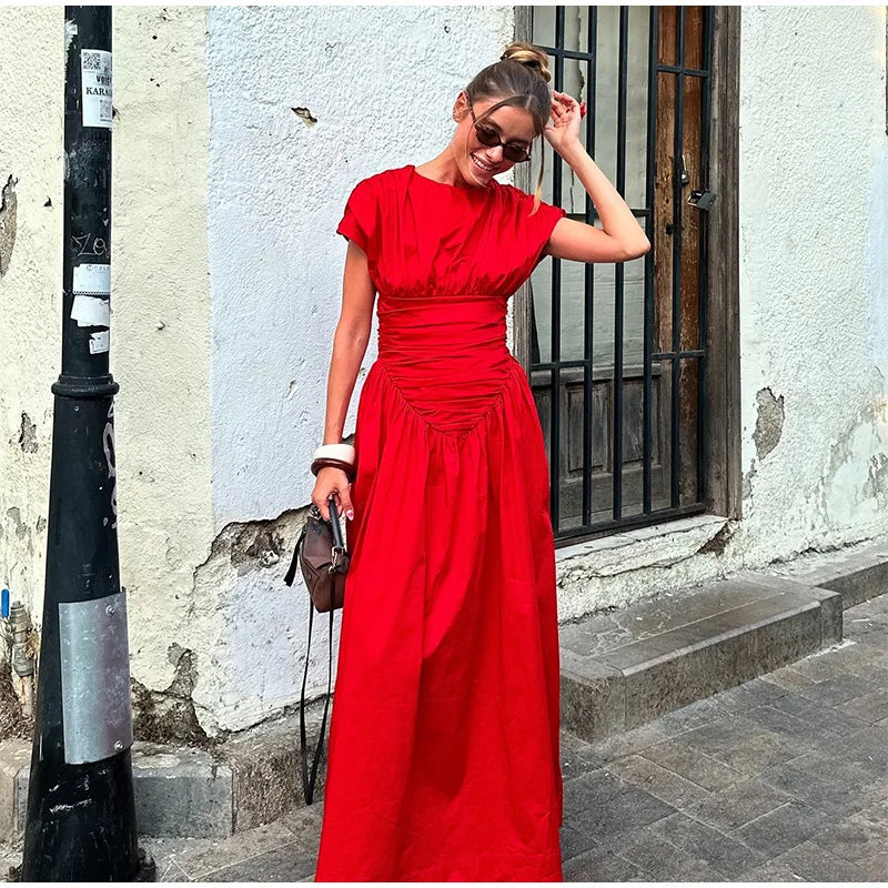 Women Red O-neck Pleated Maxi Fashion Short Sleeves High Waisted Evening Dress