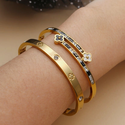 Stainless Steel Bangle Four-leaf Clover Crystal Design Stacking Bracelet Bangle