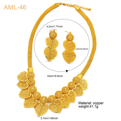Dubai 24K Gold Plated Women Heart African Indian Bridal Wedding Necklace Earrings Jewelry Set