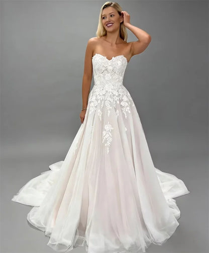 Boho Sweetheart A-line Tulle Sleeveless Lace Appliques Bride Long Bridal Wedding Dress