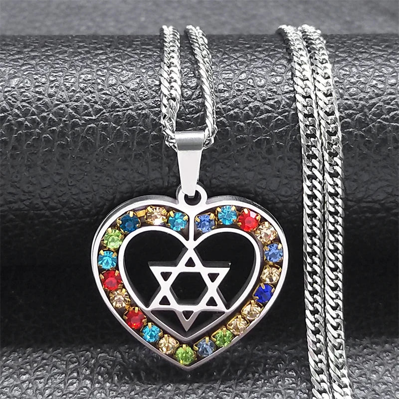 Women Men Silver Color Stainless Steel Jewish Star of David Hexagram Heart Shape Necklace