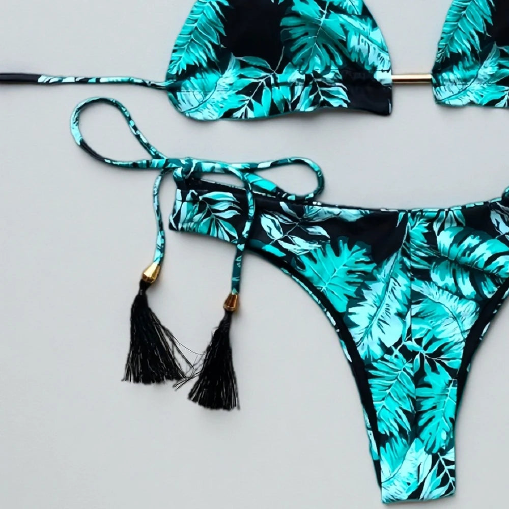 Women Micro Thongs Swimsuit Bathing Bandage Beachwear Print Swimwear Triangle Chain Bikini