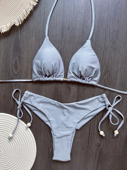 Solid Color Bikini Swimsuit Hanging Neck Rope Split Swimsuit 2-piece Beachwear Suit