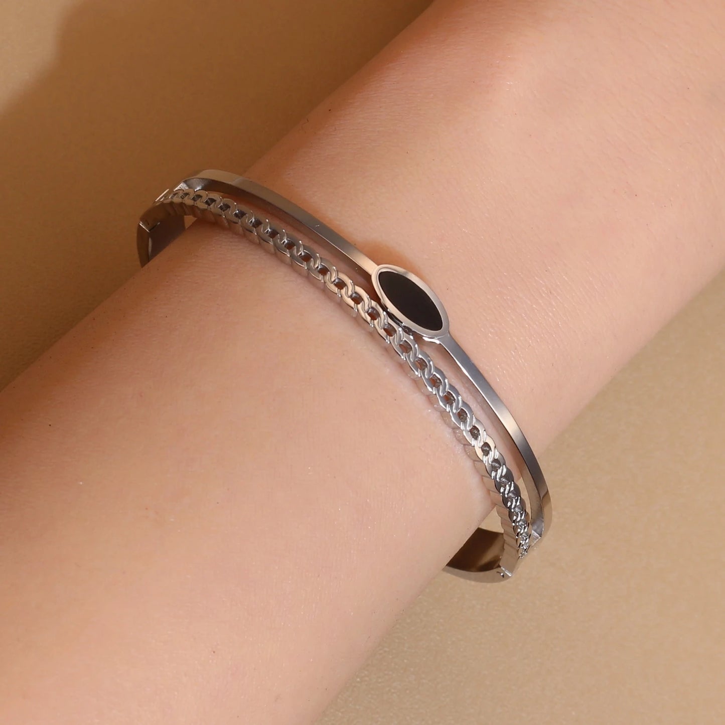 Luxury 2-In-1 Wedding Gold Black Acrylic Stainless Steel Ring Bangles Set