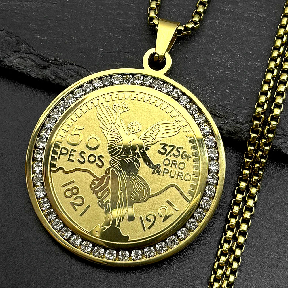 Men Women Stainless Steel Gold Color Winged Victory 1921 Mexican 50 Pesos Rhinestones Amulet Pendant Necklace