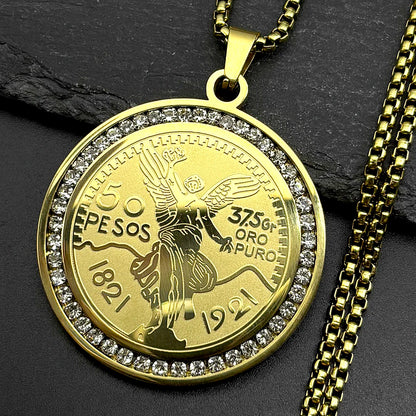 Men Women Stainless Steel Gold Color Winged Victory 1921 Mexican 50 Pesos Rhinestones Amulet Pendant Necklace