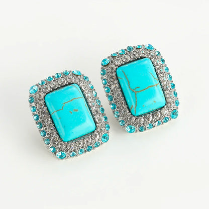 Vintage Wedding Natural Stone Square Blue Rhinestones Antique Studs Earrings