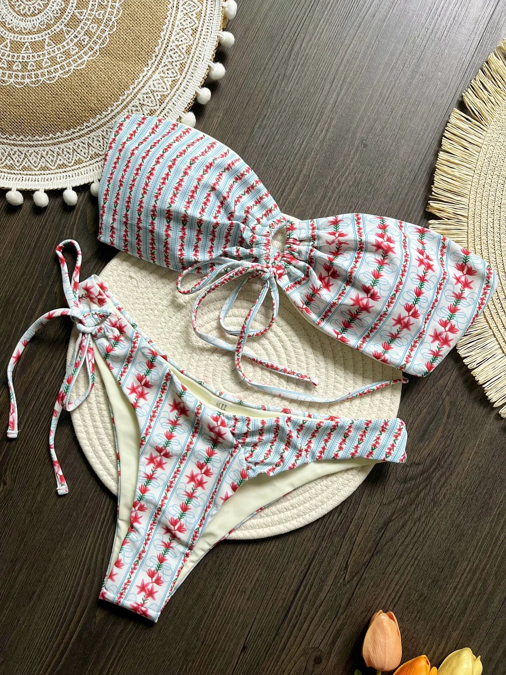Women's Swimsuit Two-piece Print Beaded Bikini Swimwear Triangle Bathing Brazilian Suit